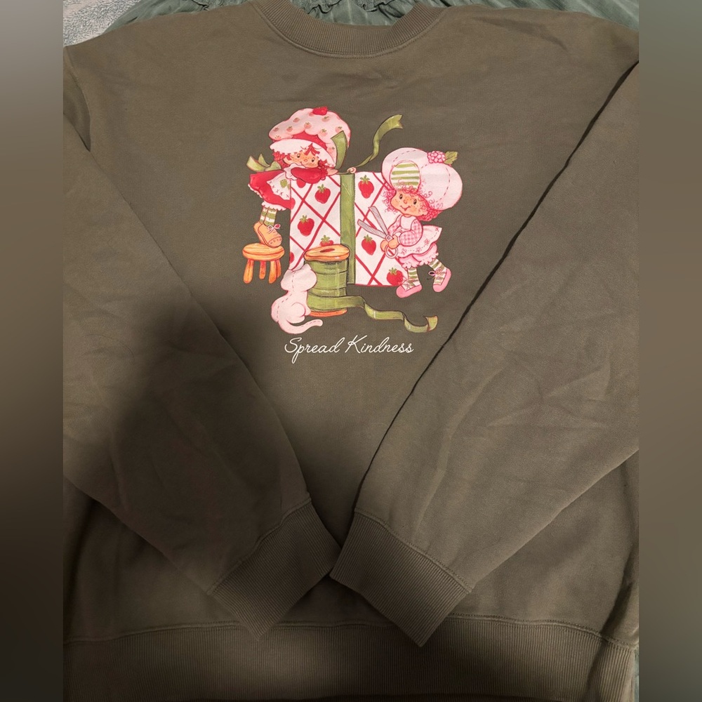 Olive Green Sweatshirt with Strawberry Shortcake